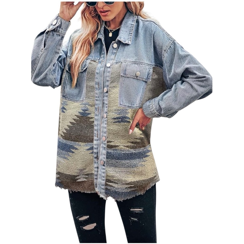Denim Aztec Shacket Jacket Size M - Picture 2 of 7